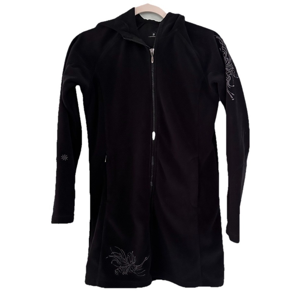 Athleta Womens Jacket Black Hooded Fleece Floral Embroidered Full Zip Size XS